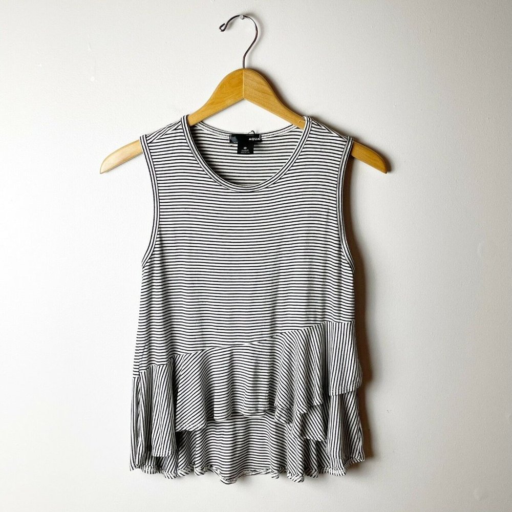 AQUA Women XS Black / White Striped Sleeveless Ruffled Peplum High Low Tank Top